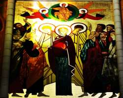 You can see a mosaic made by artist Fr. Marko Ivan Rupnik while the apse is decorated by Kiko Arguello's paintings.